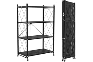 Lifetime Home 4-Tier Foldable Storage Shelf with Wheels - Metal Rack Collapsible Shelving Unit Display, Rolling Cart for Books Kitchen Storage Shelves, Pantry & Closet Organizer, Office Room Decor