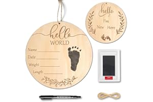PDRYLY Baby Birth Announcement Sign with Marker Pen, Wooden Hello World Newborn Sign with Ink Pad for Baby Hand and Footprints, Double-sided Newborn Announcement Sign for Baby Shower Photo Prop Keepsakes