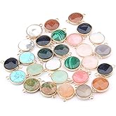 LHJ 10Pcs Natural Stone Pendant Connectors Round Random Faceted Quartz Agate Links Golden Plated Charms for Necklace Bracelet Jewelry Making DIY