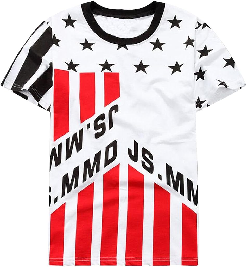 Easy Mens Red Stripe Black Stars Patchwork Sport Round Neck T-Shirts XL White | Amazon.com