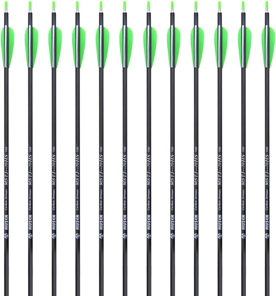 Musen Carbon Arrows 30 Inch Fletching 2.5 Target Practice Archery Arrows for Recurve or Compound Bow 12 Pack Green