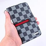RAYTOP Luxury Brand Designer Black and Gray Checks Leather Cases Covers Wallet for Samsung Galaxy Note 2 N7100 Men Guys Checkered Classy Decent Simple Gift High Quality Stylish