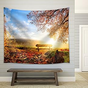 Autumn Landscape with The Sun Warmly Illumining a Bench Under a Tree - Fabric Wall Tapestry Home Decor - 51x60 inches