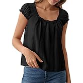 Tankaneo Womens Babydoll Tops Cap Puff Sleeve Ruffle Tank Tops Summer Scoop Neck Flowy Shirts Trendy Casual Pleated Blouse