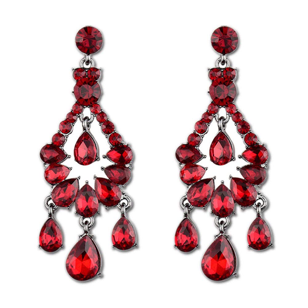 Long Art Deco Vintage Antique Retro Style Scarlet Garnet Ruby Red Rhinestone Prom Pageant Statement Chandelier Earrings