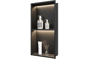 Qeke Stainless Steel Shower Niche 12" X 24", 2-Tiers No Tile Needed Wall Niche with Non Dimmable Led Light, Recessed Shower Niche Lighting for Bathroom Storage Over Mount Installation, Matte Black