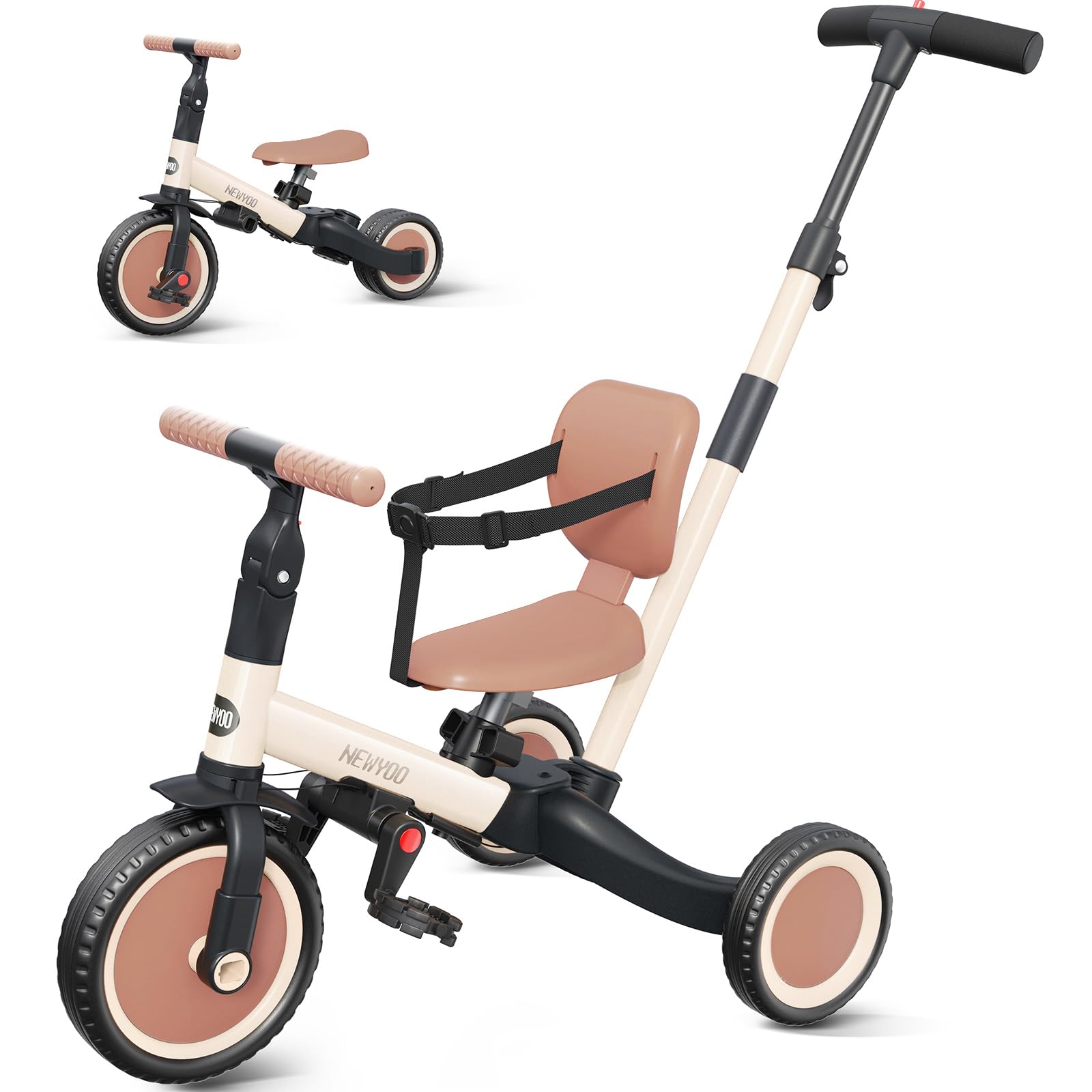 Photo 1 of newyoo Toddler Tricycle with Push Handle for 1-3 Year Old, Toddler Bike, Birthday Gift and Toy for Boys and Girls, 5 in 1 Kids Trike, Balance Bike with Backrest and Safety Belt, Khaki, TR007