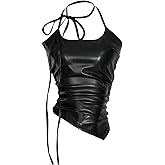 MakeMeChic Women's Leather Halter Tops Backless Asymmetrical Ruched Tank Going Out Tank Top