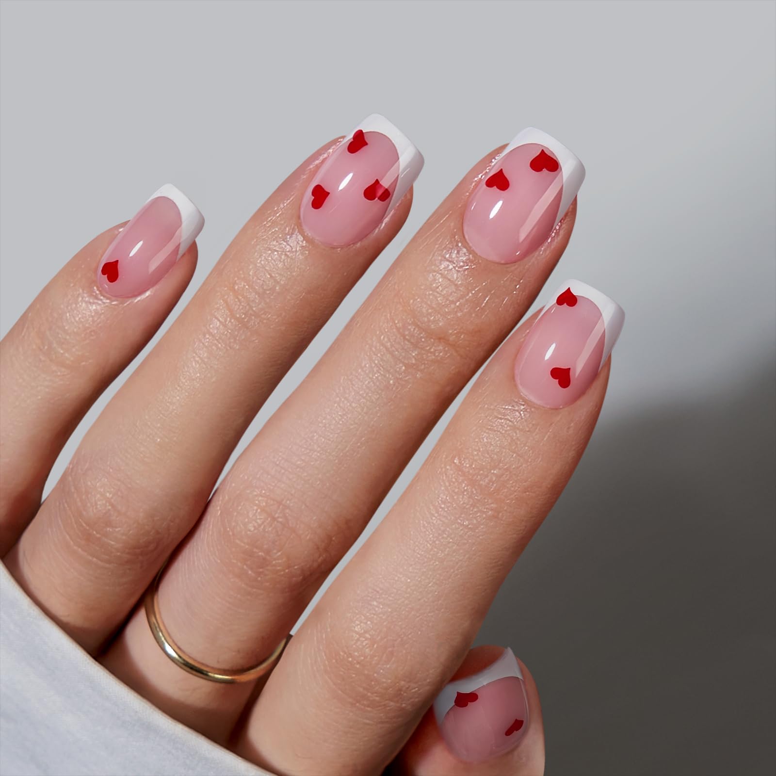 BTArtbox French Tip Press On Nails - Short Square Press On Nails with Hearts, Pink Glue On Nails, Reusable Stick On Nails in 15 Sizes, 30 Nail Kit, Endless Love