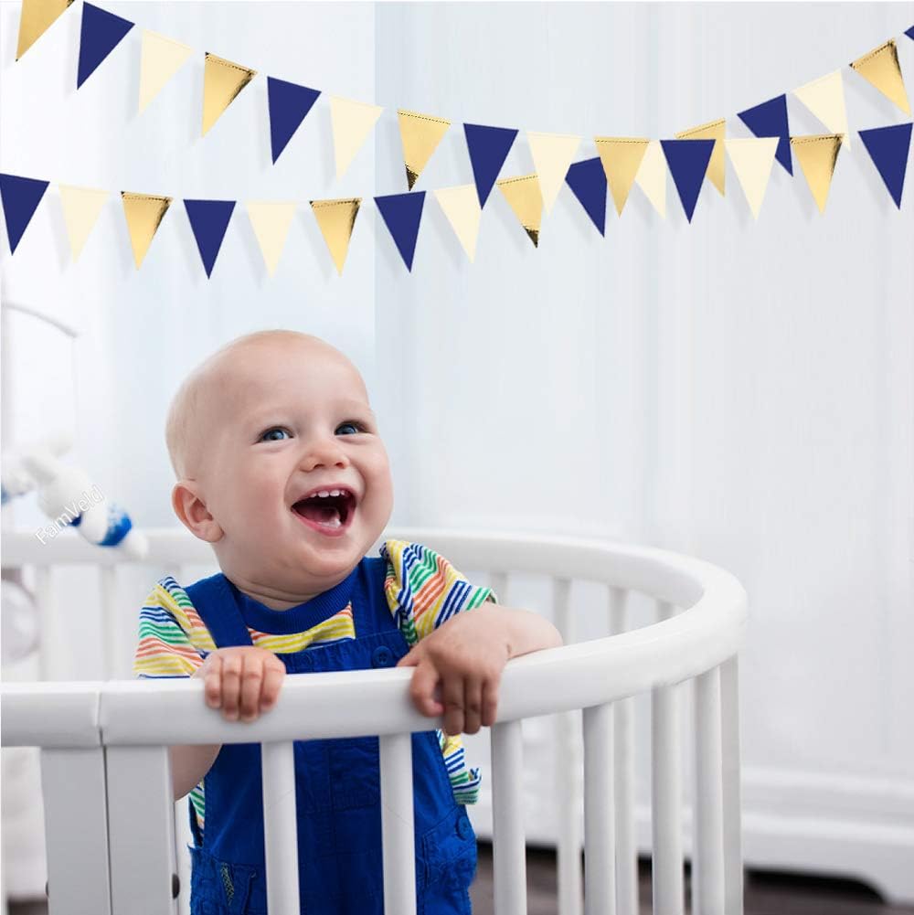 30 Ft Navy Blue Beige Gold Party Decorations Hanging Paper Triangle Flag Pennant Banner Bunting Garland for Bachelorette Engagement Wedding Birthday Bridal Shower Anniversary Hen Christmas Party Decor - Image 4