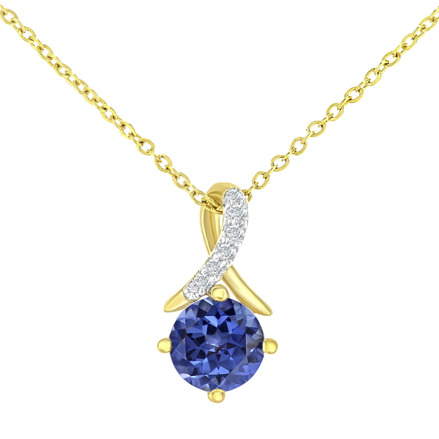 Elegano 9ct Yellow Gold 46 cm Women’s Necklace – Round Tanzanite Drop Pave Set Diamond Twist Pendant