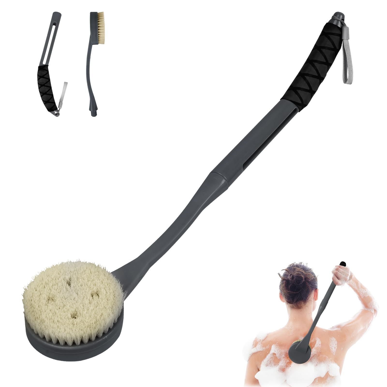 Back Brush Long Handle for Shower, 20.5” Back Scrubber, Shower Body Brush with Curved Handle for Elderly Disabled, Limited Mobility, Frozen Shoulder,Men and Women