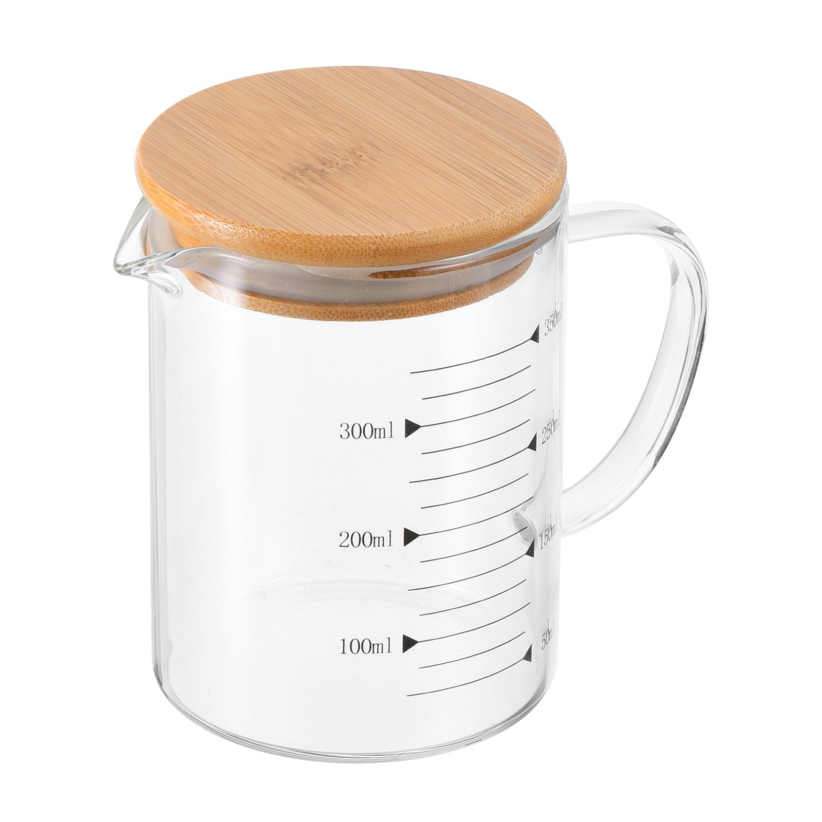 PATIKIL 350ml Glass Measuring Cup, 3.3 Borosilicate Glass Graduated Black Printed Scale Liquid Measure Cups Beaker with Wood Lid and V-Shaped Spout for Kitchen