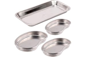 Swpeet 4Pcs 304 Stainless Steel 2 Shapes Square and Kidney Surgical Tray Assortment Kit, Metal Instrument Tray Dental Procedu