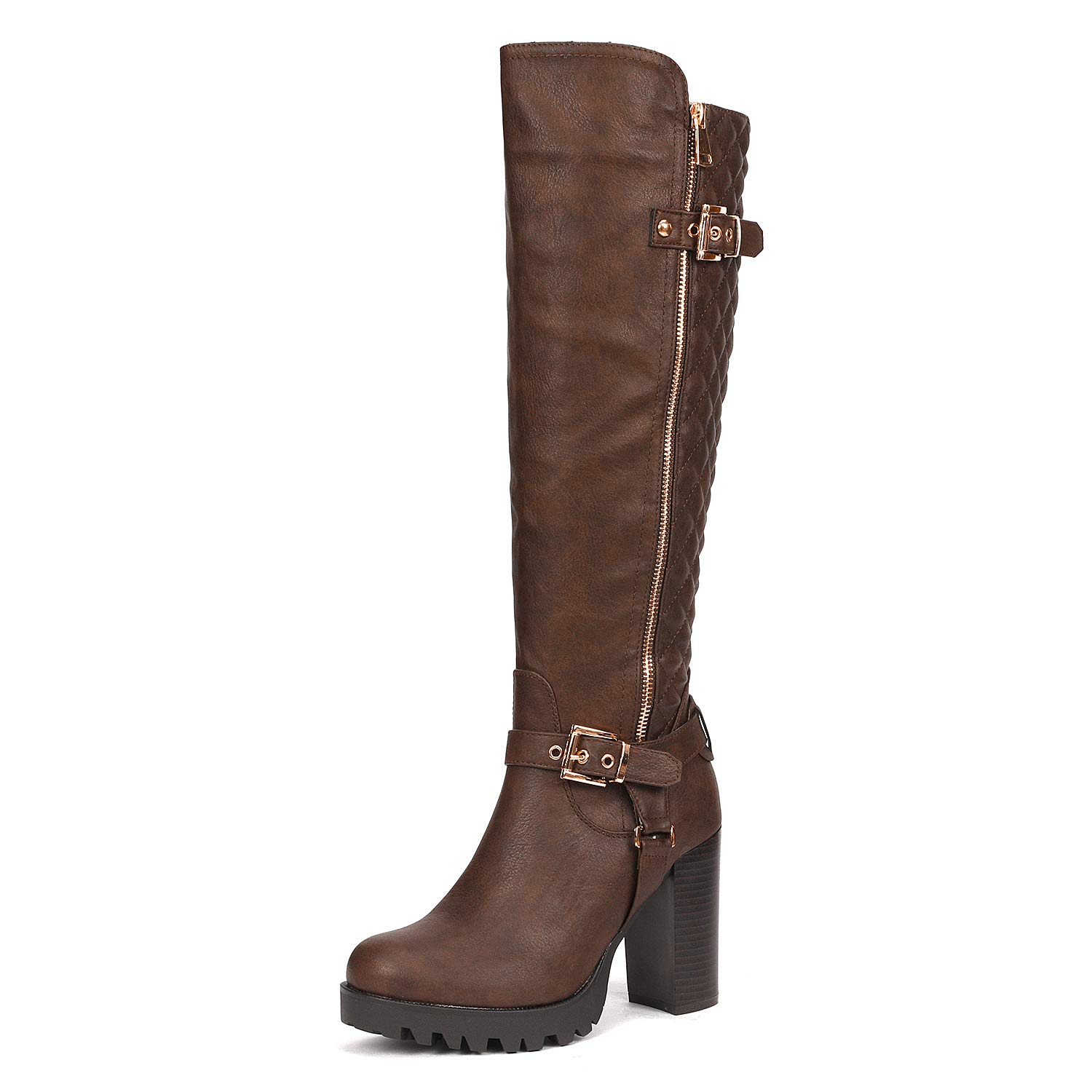 DREAM PAIRS Women's Funi Brown Chunky Heel Knee High Winter Boots Size 9.5 B(M) US