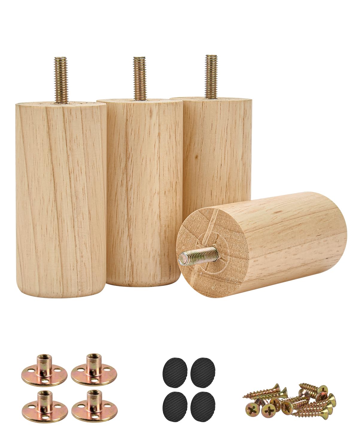 Btowin 4 inch /10cm Solid Wood Furniture Legs, 4Pcs Modern Round Wooden Bun Feet Sofa Legs with Threaded M8 Hanger Bolts & Mounting Plate & Screws for Sofa Couch Cabinet Bed(Varnish)