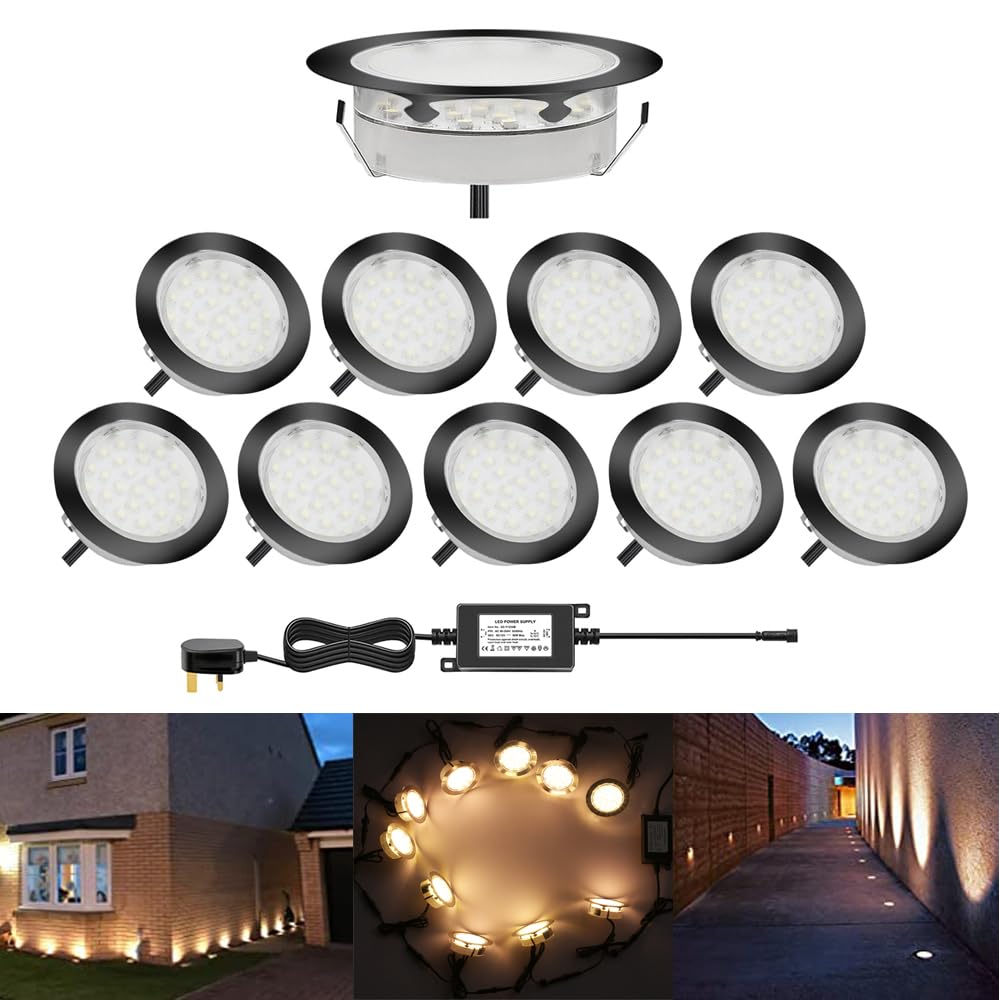 CHNXU 80mm Large Led Decking Lights Outdoor Low Voltage 12v IP67 2.5W Waterproof Black Deck Lighting Kits Pack of 10 (Warm White)