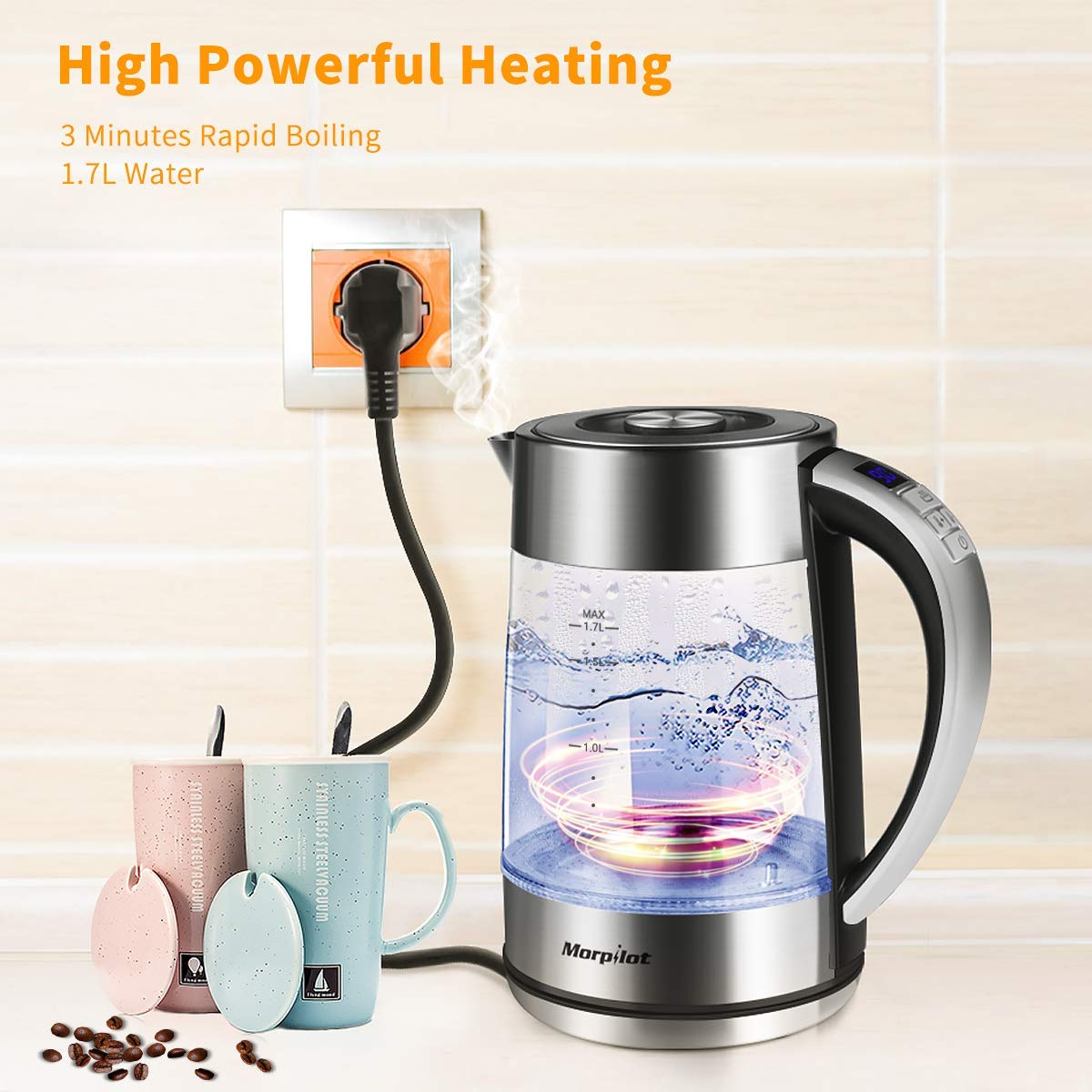 Electric Glass Kettle Cordless,1.7 L Morpilot Tea Kettle with Blue Illumination LED Light,Strix Control Double Layer Fast Boil Kettles with Auto Shut Off & Overheating Protection, BPA Free