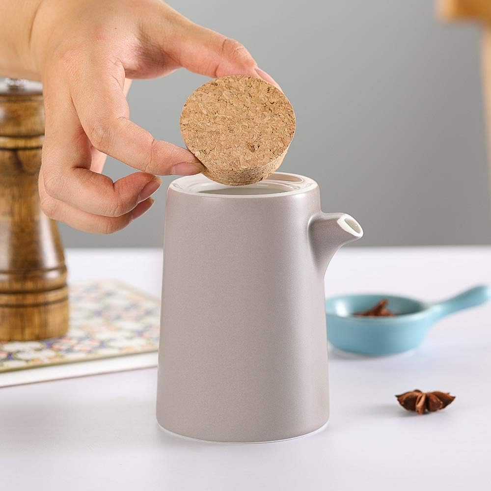 Grey small Ceramics Oil Dispenser Bottle, Ceramic Soy Sauce Dispenser Bottle with Cork Stopper, Olive Oil/Soy Sauce/Vinegar Cruet, Liquid Condiment Dispenser for Kitchen Cooking(300ml, 10oz): Kitchen & Dining