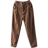 Minibee Women's Cropped Corduroy Pants Elastic Waist Retro Trouser with Pockets