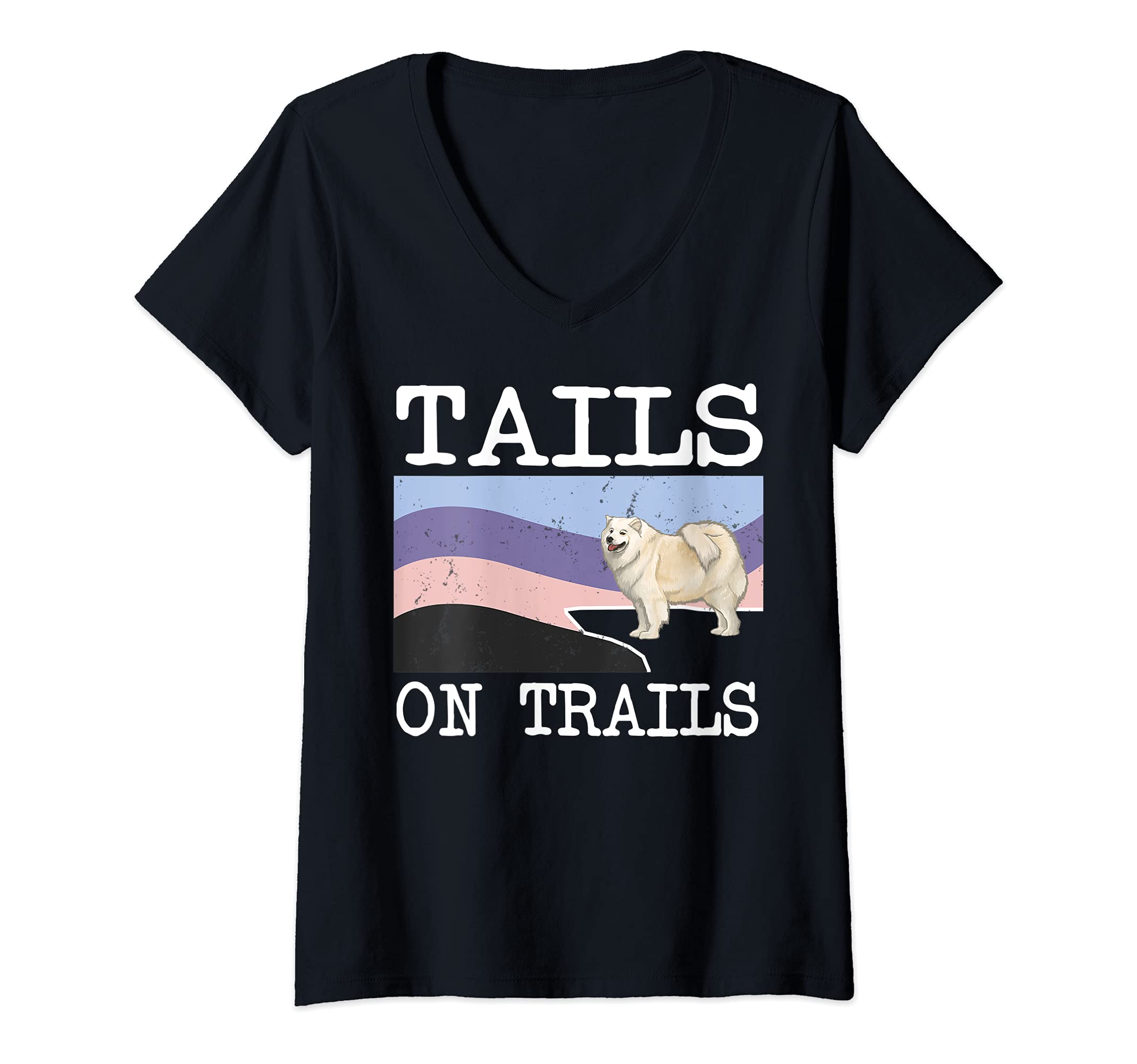Womens Samoyed Tails On Trails Funny Dog Hiking V-Neck T-Shirt