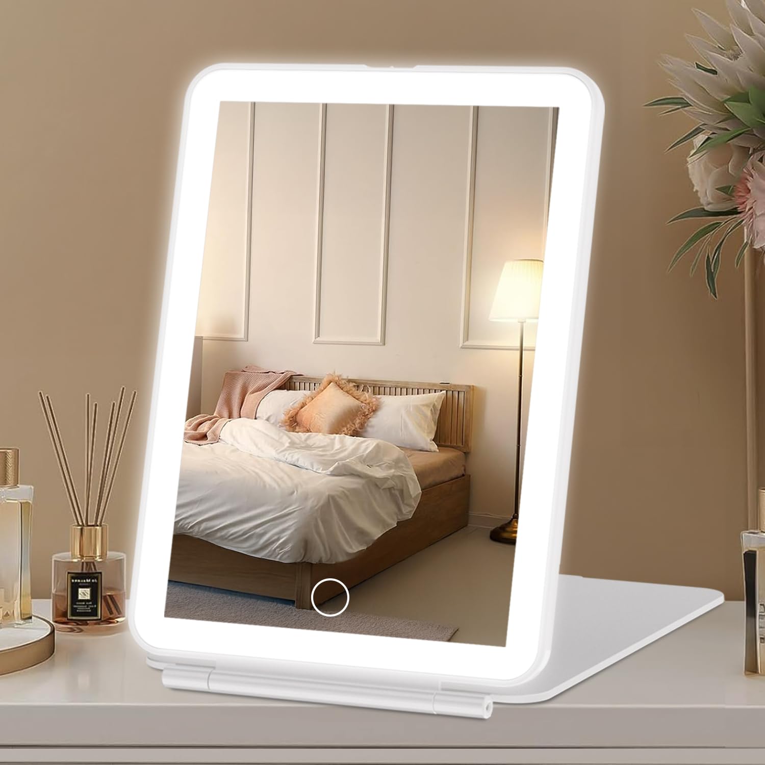 FASCINATE LED Travel Makeup Mirror Rechargeable, Portable Vanity Mirror with 3 Color 72 LED Lighting,Touch Sensor Dimming, Tabletop Cosmetic Mirror