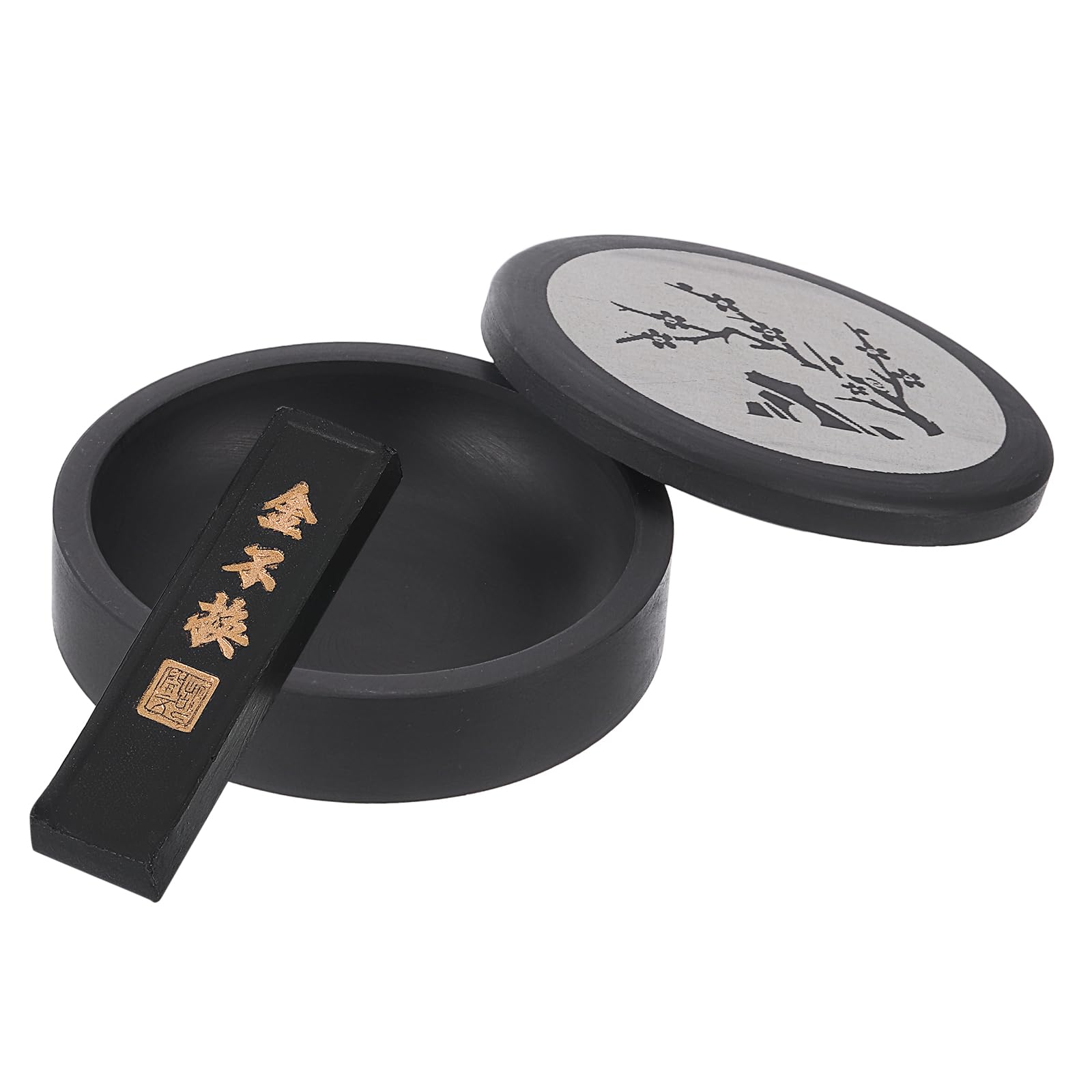PATIKIL 4 Inch Chinese Calligraphy Inkstone with Ink Stick, Plum Blossom Ink Stone Tray for Traditional Calligraphy Practice Painting Drawing, Black