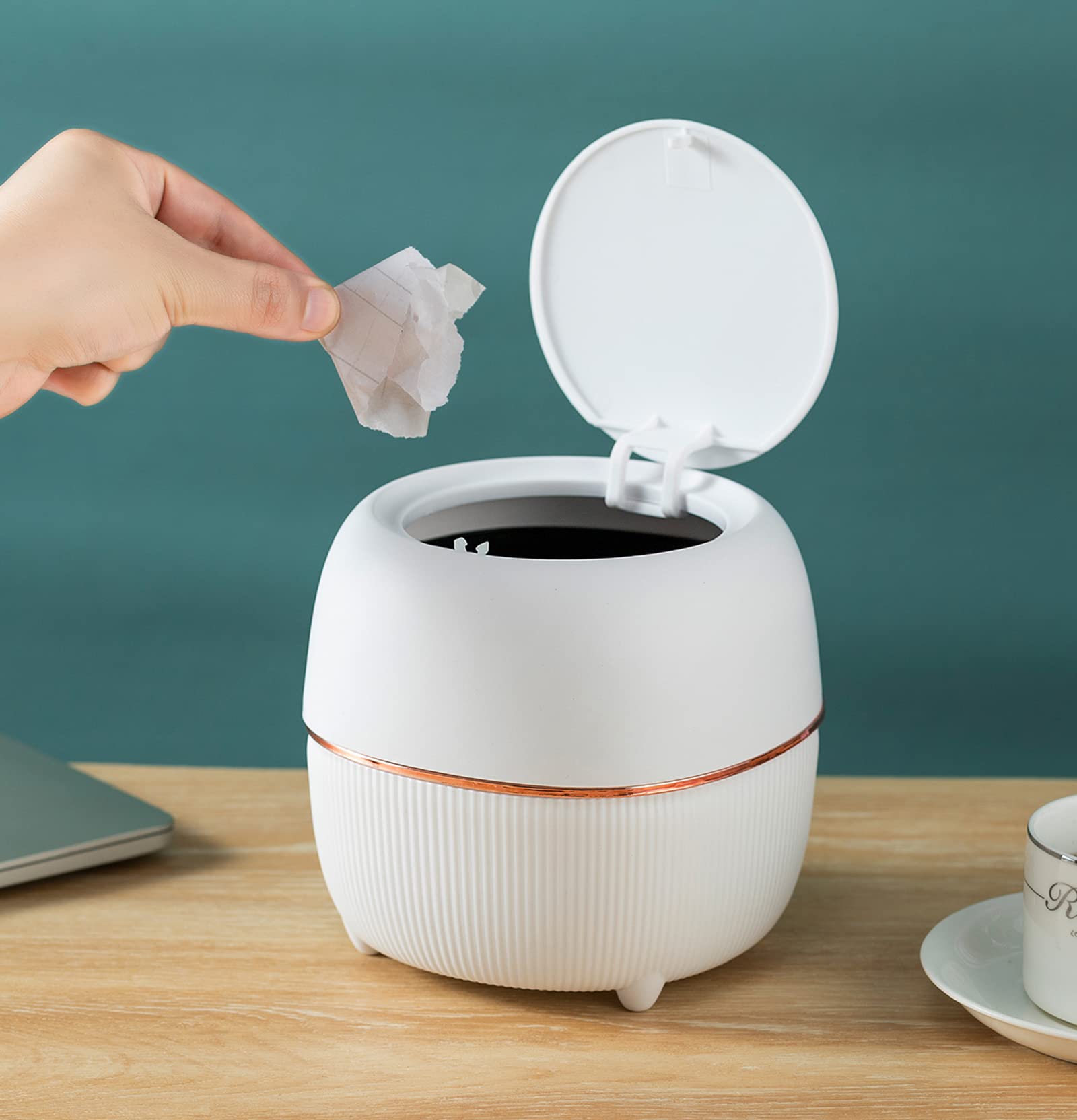 Photo 1 of Plastic Trash can Creative Mini Desktop Trash can, with lid Small Home Office Cleaning Trash Button Desktop Storage bin, with 50 Trash Bags (White)