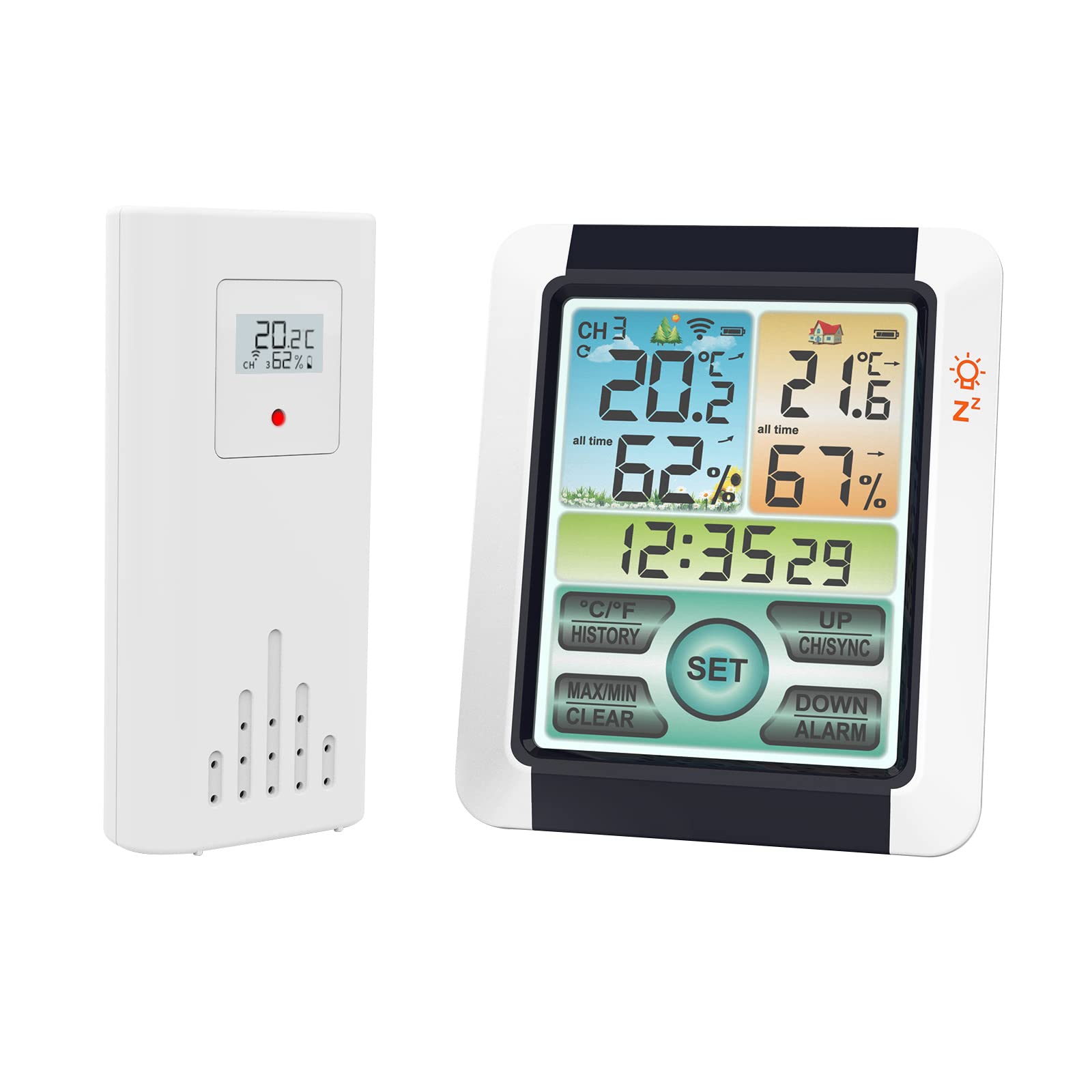 Ailgely Weather Station with Outdoor Sensor Wireless, LCD Colorful Digital Thermometer, Indoor Hygrometer with Alarm Clock & Snooze Function, Temperature, Humidity, Forecast, Clock for Home Office
