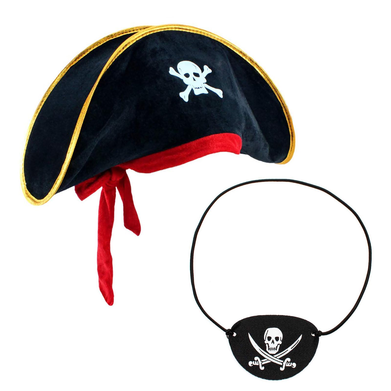 iwiio Pirate Hat and Eye Patch Halloween Captain Dress Up Set for Adults Kids Party Cosplay