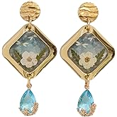 LND Pressed Flower Stud Earrings, Gold-Tone, Blue Crystal and Real Floral Design, 2 Inch Stud