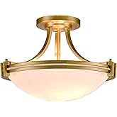SAMTEEN Modern Brass Semi Flush Mount Ceiling Light 3-Light Mid Century Gold Flush Mount Light Milk Glass Ceiling Light Fixtu