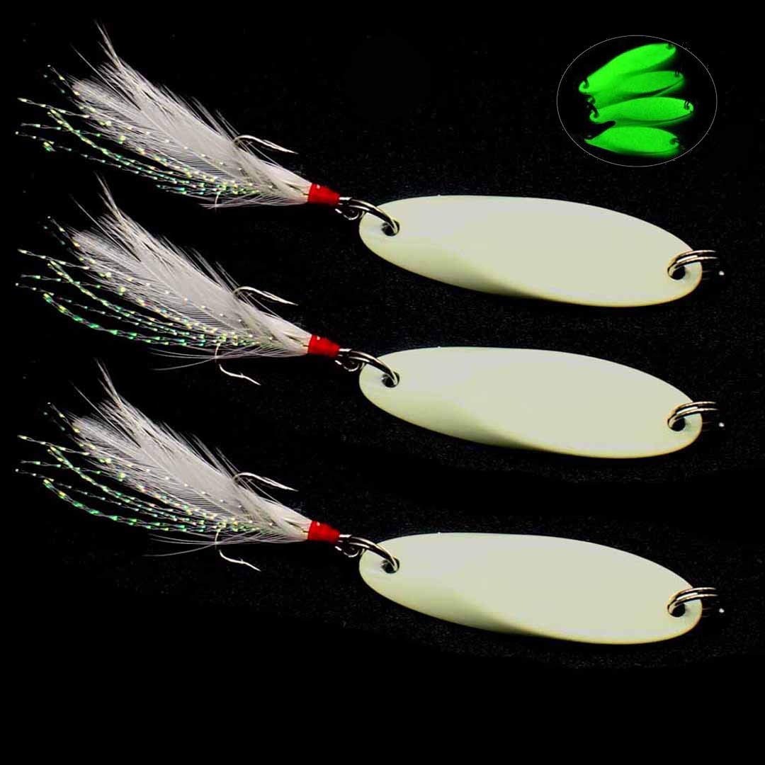 Spoon Lure Jigging Fishing Lures,Sinking Metal Luminous Spoons Hard Bait Saltwater with Treble Fishing Hooks for Salmon Bass Fishing Tackle