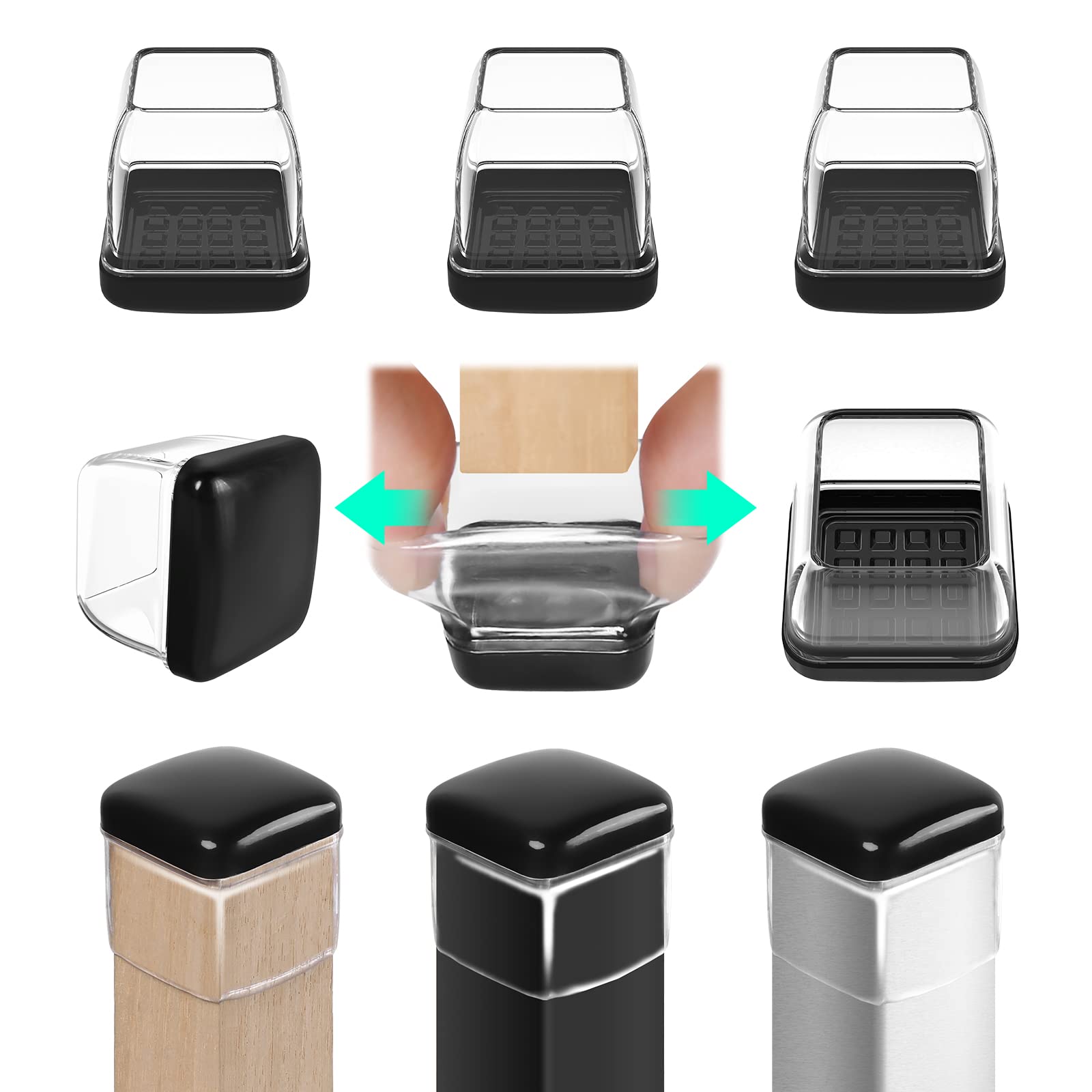 RCHYFEED 24 PCS Chair Leg Caps Sliders for Carpet, Chair Leg Floor Protectors Sliders for Carpet, Silicone Furniture Leg Caps Cups Gliders, Smoothly Slide No Scratches, 0.75-1" Clear Square