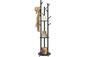 VASAGLE Freestanding Coat Rack Stand, Coat Tree with 11 Hooks, 3 Shelves, 4 Removable 360° Swivel Wheels, Wooden Hooks and Po
