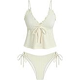 ZAFUL Tankini Swimsuits for Women V Neck Textured Knot Tie Ruffle Trim Bikini Swimsuit Tie Side 2 Pieces Bathing Suit