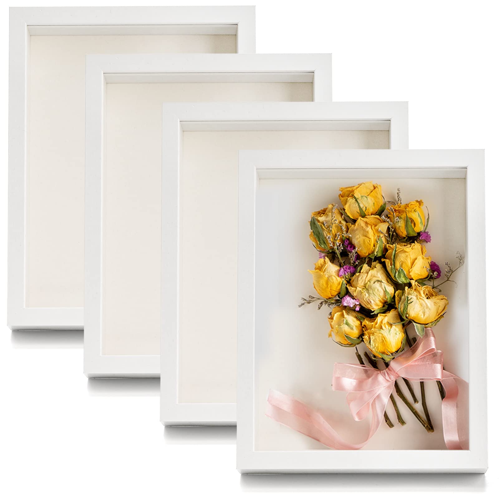 Hacaroa Pack of 4 Shadow Box Frame, 20 x 15 cm, Wooden Picture Frame, Storage Display Case for Bouquets, Photos, Medals, Wall, Table Top, White