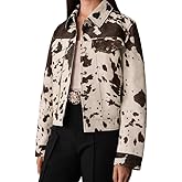 LAPUNIOT Women's Animal Print Denim Jacket Casual Cow Print Jacket Long Sleeve Button Up Motorcycle Cropped Coats