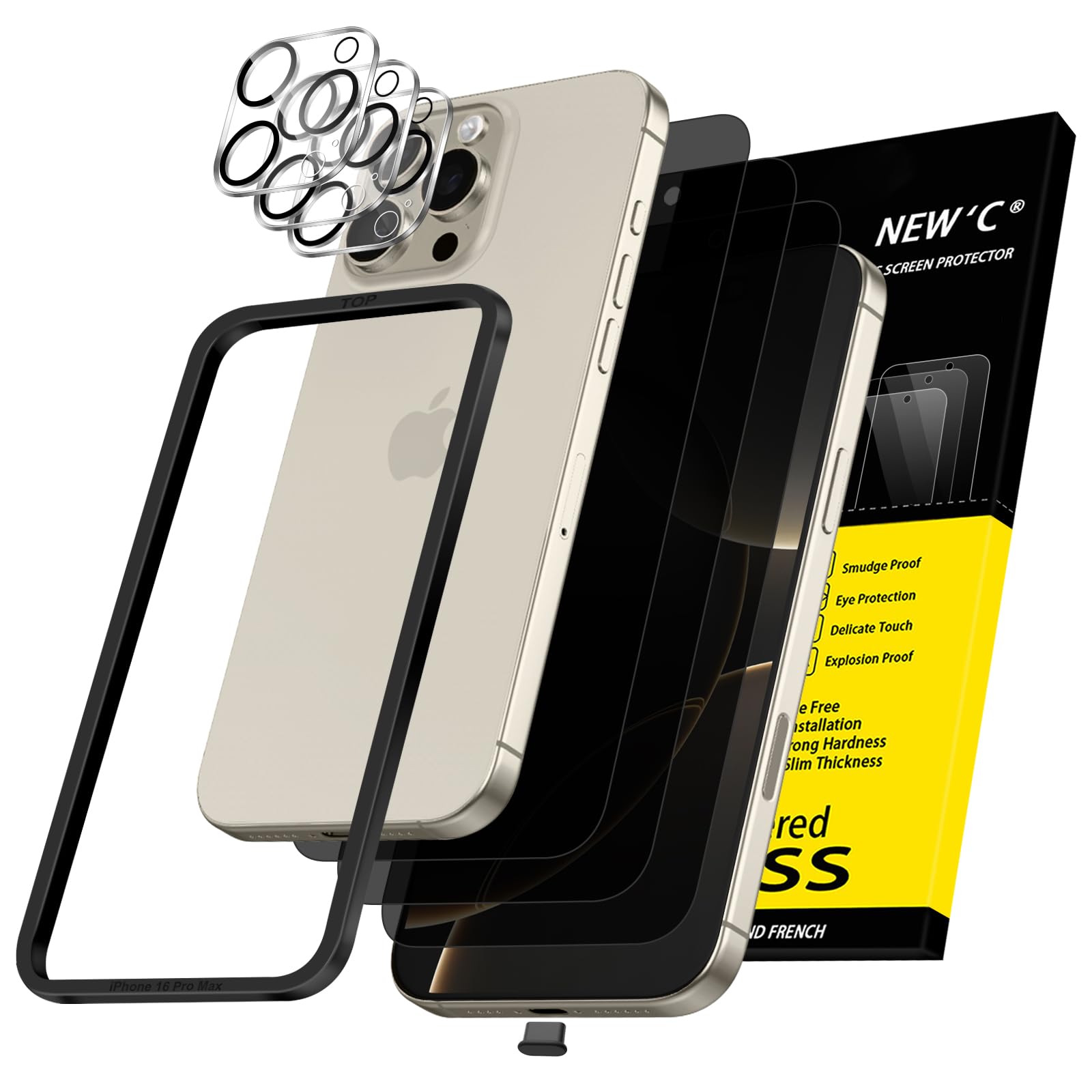 Photo 1 of NEW'C 3X Privacy for iPhone 16 Pro Max Screen Protector (6.9 inches)+ 3X Camera Lens Protector, Sensor Protection, Case Friendly Tempered Glass Film + Dust Plug - Easy Installation Tool Included