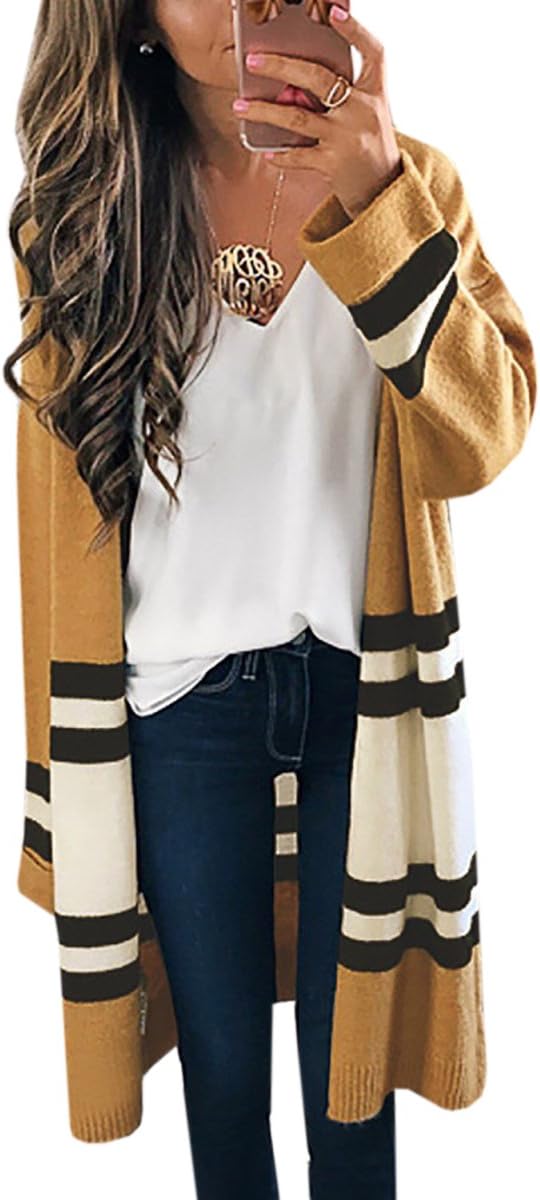 Womens Long Cardigans Yellow Color Block Open Front Long Sleeve Kint Cardigan Sweaters By SUNMMWERY,Yellow,Large