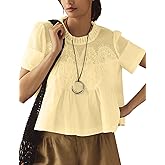 Women's Babydoll Tops Short Sleeve Lace Detail Blouses Flared Pleated Swing Sheer Mesh Shirts