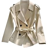 GORGLITTER Women's Cropped Trench Coat Belted Lightweight Jacket Double Breasted Long Sleeve Business Casual Overcoat