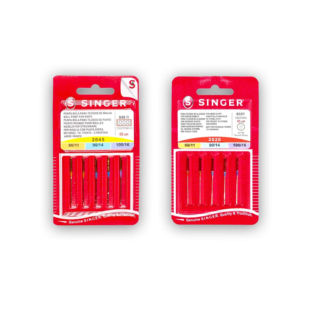 Singer Pack of 2 Packages Needles for Universal Sewing Machines and Knitting (and Elastic) 2020 2045 (822R - 848R) Assorted Thicknesses System 130/705 H