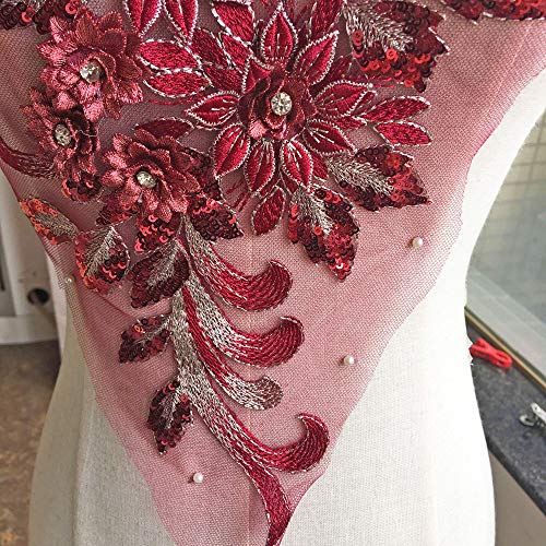 Shimmer Burgundy 3D Flower Lace Applique Crystal Sequined Embroidery Lace Patch Wedding Motif Sew on Dress Gown Costumes