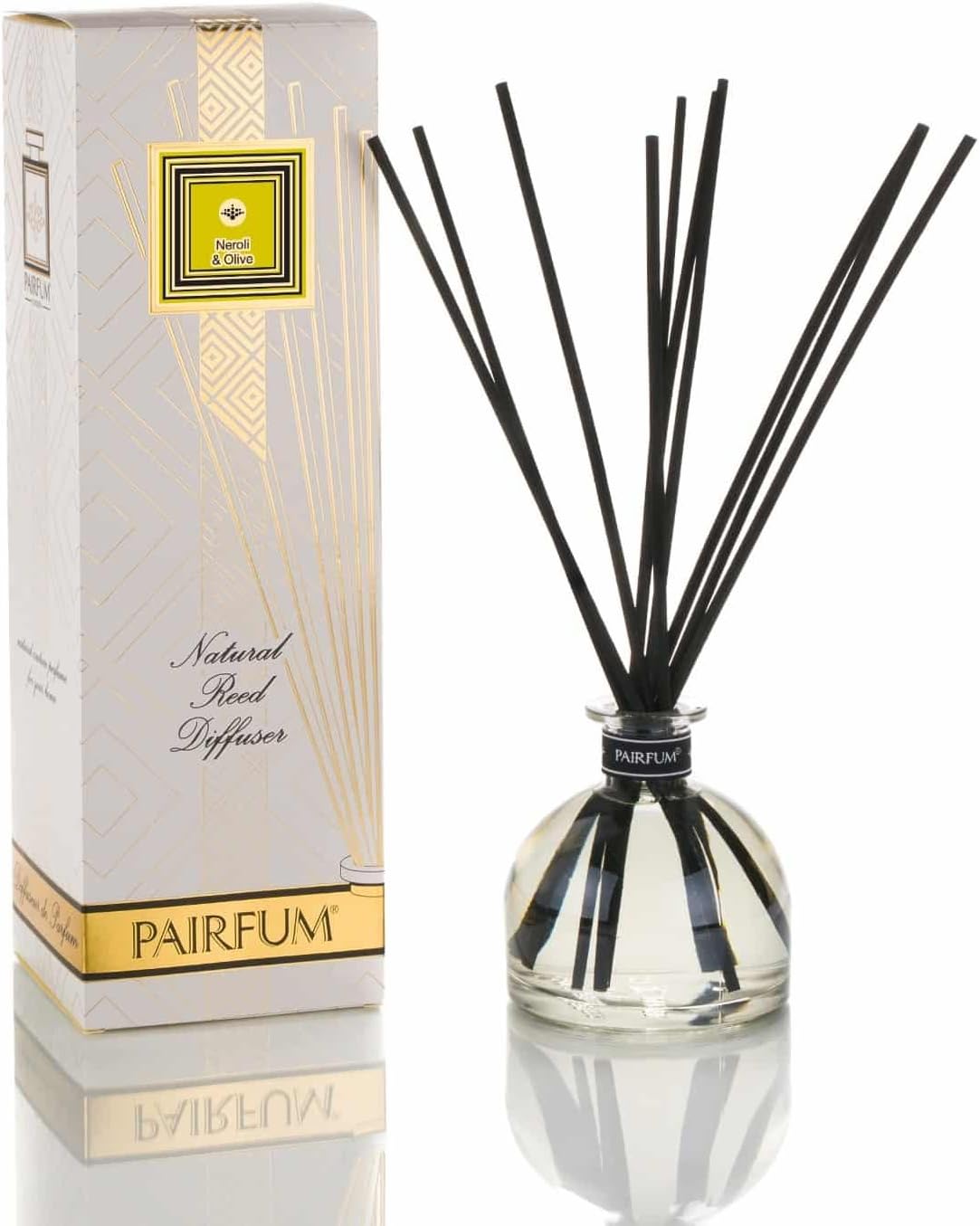 PAIRFUM Large & Natural Reed Diffuser - Long-Lasting & Healthy - Fragrances 6-9 Months (250 ml) Perfume: Neroli & Olive Black Reeds