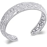 Desnuage Sterling Silver Cuff Bracelet for Women - Intricate Floral Pattern Bangle, Bohemian Chunky Wide Silver Bracelet