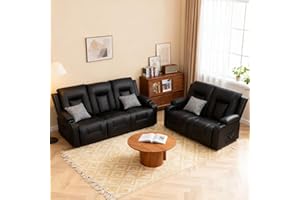 COMHOMA Living Room Furniture Set,Faux Leather Manual Recliner Sofa Sets with Cup Holders,Reclining Couch,Loveseat and Armchair,3+2,Black