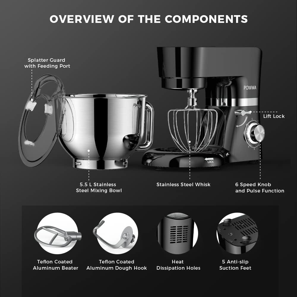Stand Mixer, POWWA 6.5 Quart Electric Mixer, 6+1 Speed 660W TiltHead