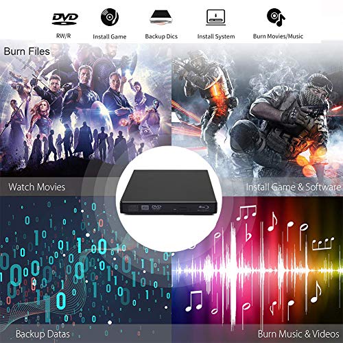 External Blu Ray Drive, USB 2.0 CD DVD Portable Burner Slim Disk Player Writer Reader for Windows XP/7/8/10, MacOS, Linux for Notebook MacBook, Laptop, Desktop (Black)
