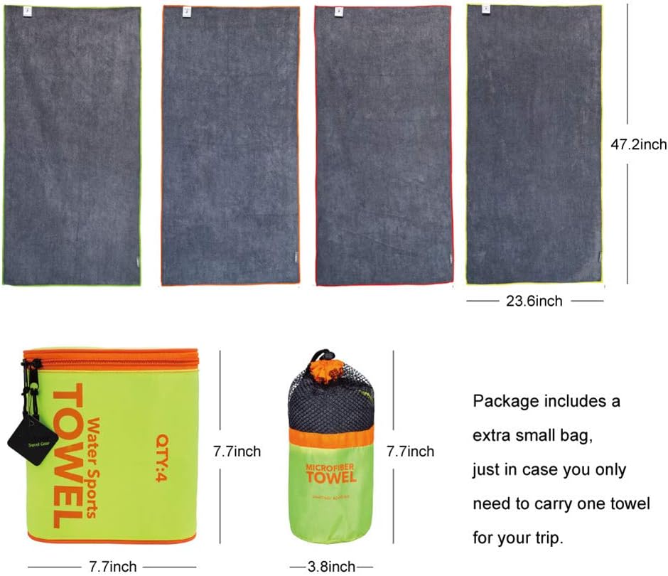 4Monster 4 Pack Microfiber Bath Towel Camping Towel Swimming Towel Sports Towel with Accessory Bag, Quick Dry & Super Absorbent for Travel Gym, Suitable for Adults Kids Family, 24 X 48 Inch: Home & Kitchen